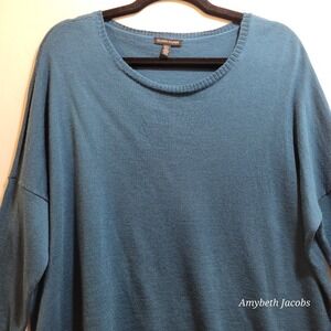 Eileen Fisher Womens Medium Teal Blue 100% Merino Wool Asymmetrical Hem Sweater